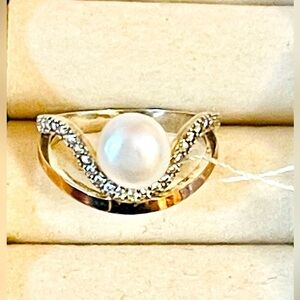 925 St.Silver Ring /375 Gold Plating, White Pearl /Cubic Zirconia Sz 18.5/8.25